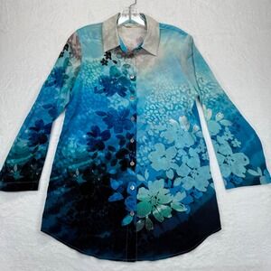 Soft Surroundings Jolene Silk Tunic Top‎ Floral Print Button Down Blouse XS READ